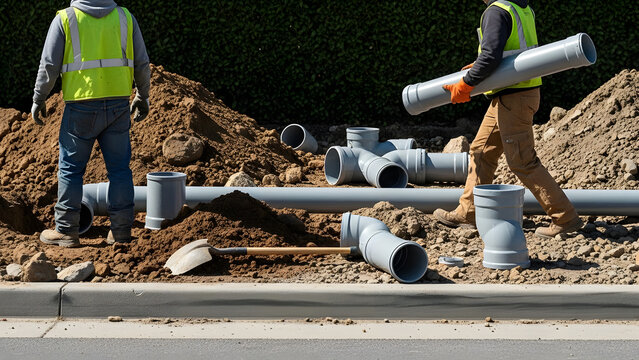 Construction workers installing drainage pipes on job site | Underground sewer utility PVC pipe installation near curb | High visibility vest safety gear on civil engineering crew 