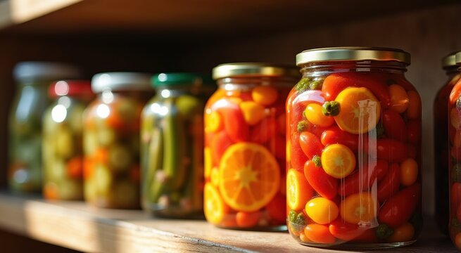 Many jars of pickled vegetables on a shelf
