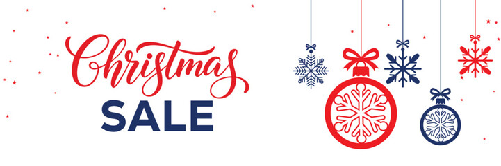 Modern Christmas sale banner with elegant script and bold SALE typography on a white background, featuring red and blue hanging snowflake ornaments, perfect for end of season winter holiday promotions © bibin