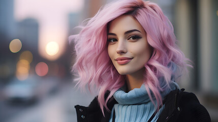 Woman with split-tone pastel hair looking serene