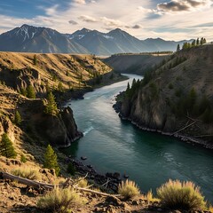 Serene Mountain River Valley Scenery.