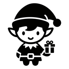 Simple Monochromatic Christmas Elf Character Holding Gift Box Icon