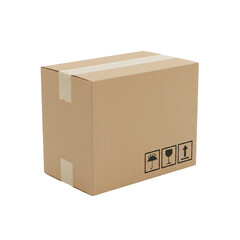 Brown cardboard box with warning labels on black background