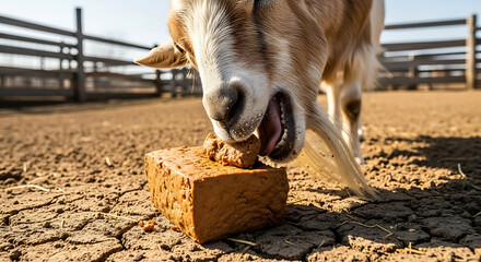 Goat eating a mineral block