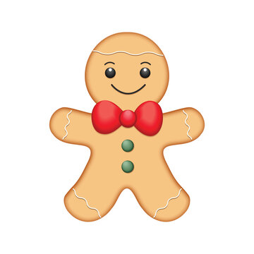 Gingerbread man cookie with frosting and buttons. Cute gingerbread man smiling vector illustration. Realistic gingerbread man cookie icon.  ustrator Artwork
