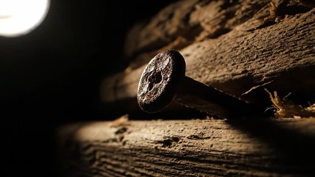 Close-up of a nail on aged, weathered lumber in dim light