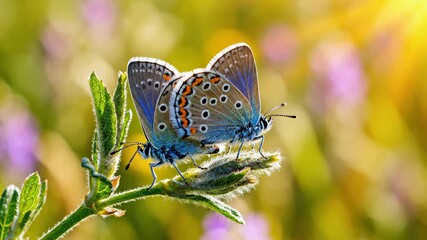 Two Adonis Blue Butterflies Perched on a Plant in Natural Light