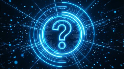 A vibrant blue question mark glows brightly in a futuristic circuit background, evoking curiosity and inquiry.
