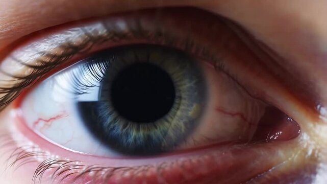 Closeup eye focus: pupil dilation and contraction in sharp detail