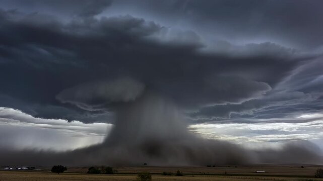 Dramatic storm clouds unleash power in rolling plains landscape