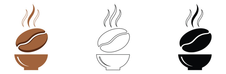Set of coffee bean and cup icons in brown, black, and white
