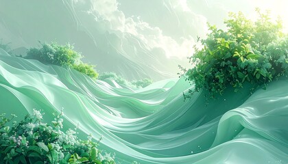 Serene Teal Waves with Lush Foliage.