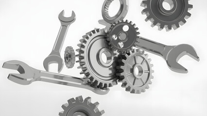 An abstract close-up shot of a collection of precision-engineered metal gears and wrenches, symbolizing the complexity and interconnectedness of mechanics and engineering.