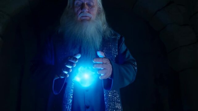 Mysterious wizard conjures illuminating orb in dark stone chamber