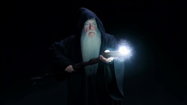 Mysterious wizard casting spell with glowing staff in dark atmosphere