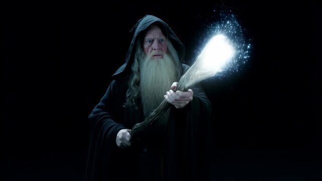 Mysterious wizard casting powerful magic spell with glowing staff in dark fantasy setting
