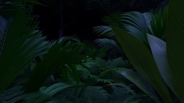 Lush tropical jungle swaying in breezy twilight: leaves and ferns dance under moonlit sky