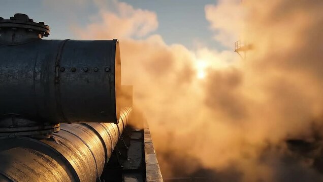 Industrial Steam Venting into the Sky at Sunset.