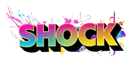 Colorful shock text with vibrant paint splatters, isolated on transparent background