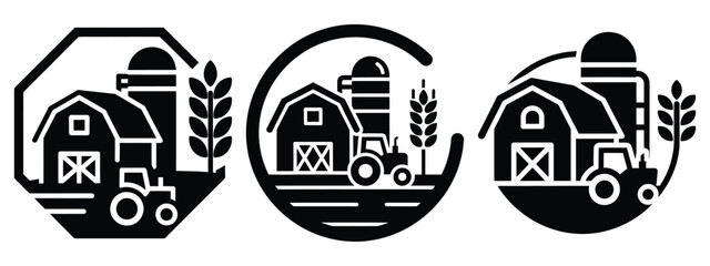 agricultural farm badge silhouette icon set. agriculture, plant-based lifestyle symbols