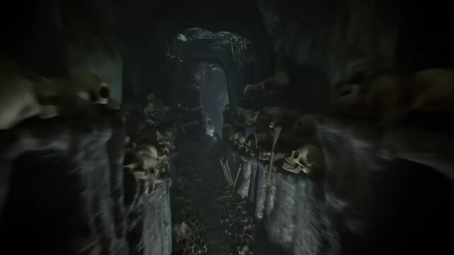 Eerie catacomb journey through skulllined passageway in dim light