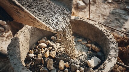 Wet Cement Poured From Wheelbarrow Into Old Concrete Mixer Bowl.