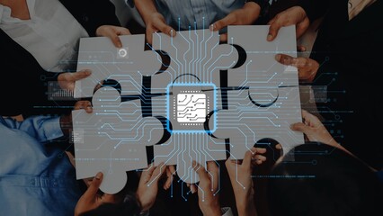 This image showcases a diverse group of people collaborating with puzzle pieces and a circuit design, symbolizing teamwork and innovation in technology and business strategy. Raster
