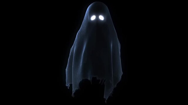 Eerie floating ghost animation with glowing eyes on black background