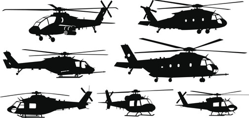 Helicopter silhouette vector set, military aircraft icons, rotorcraft shapes, aviation design elements, black helicopter profiles, isolated transport helicopter illustrations