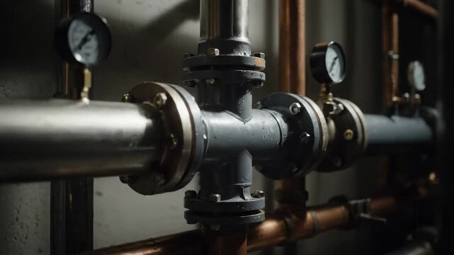 Pipes and meters running along a wall in a dark basement room.
