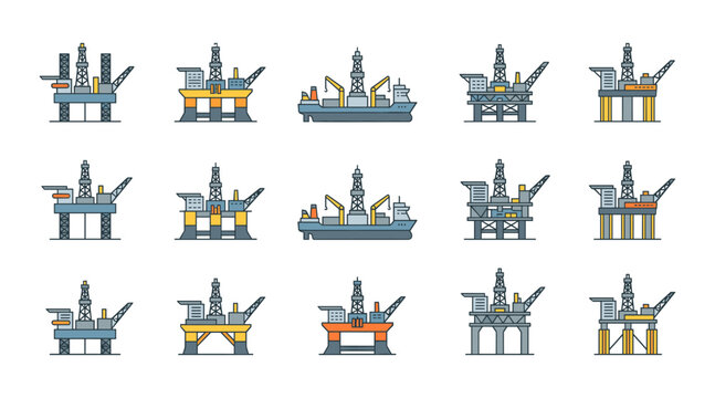 Oil rig and offshore platform industry icons collection