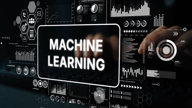 Hands on Keyboard with Digital Interface Displaying Machine Learning Concepts and Data Visualizations. Asymptotic smart data analytic. - Powered by Adobe