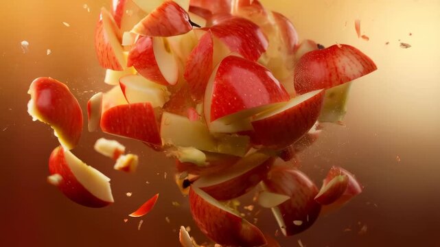 Exploding apple in slow motion with dynamic shattered fragments against a vivid background