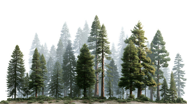 Majestic redwood and pine forest panorama featuring tall evergreen trees shrouded in atmospheric morning mist - Powered by Adobe