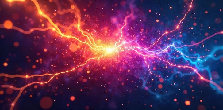 Abstract image of vibrant, multicolored electrical sparks and energy bursts, creating a dynamic and visually striking display of color and power ,  purple,  magenta - Powered by Adobe