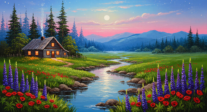 Oil Painting of Cabin in Moonlit Meadow Abstract Wallpaper for mural wall art, invitation, poster, canvas print, wall decor painting design