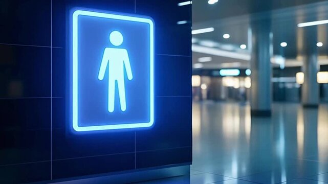 Modern public restroom signage glowing male toilet icon on wall in clean contemporary interior space with futuristic lighting design suitable for airport mall office and smart building navigation