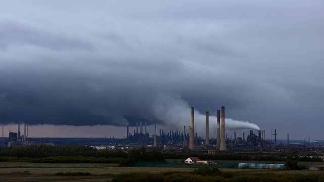 Industrial emissions intensify as smoke spreads across sky over factory landscape