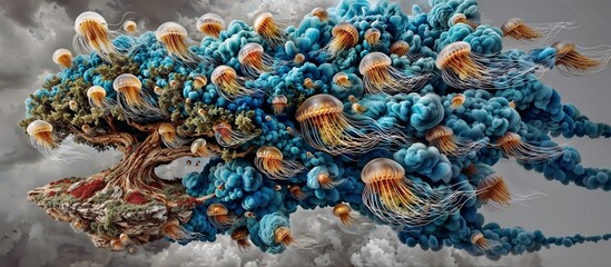 Obraz premium Surreal Tree With Jellyfish Clouds Floating Across Stormy Sky