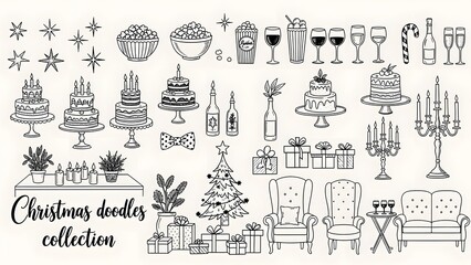 Christmas doodles collection with various festive icons and symbols on white background
