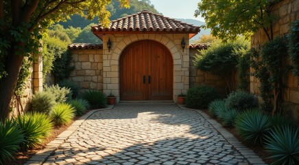 Stone pathway leading to a wooden door in a stone wall