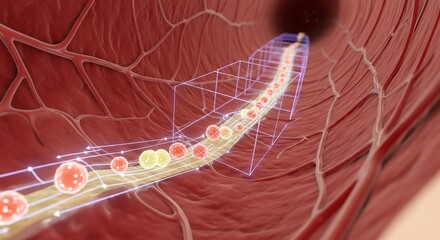 Medical illustration of a catheter delivering medication through a blood vessel.