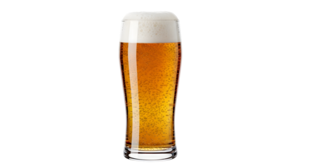 Refreshing golden beer in a tall glass with a foamy head isolated on transparent background