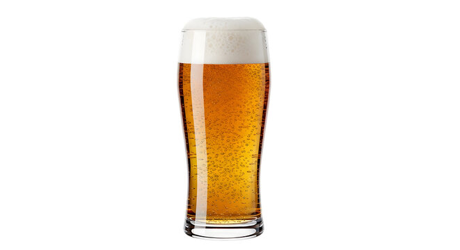 Refreshing golden beer in a tall glass with a foamy head isolated on transparent background