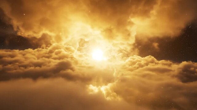 A brilliant sun-like light source bursts through dense, swirling golden-orange clouds, creating an epic, ethereal vision of a celestial realm or fiery sky, with scattered stars visible in darker patc