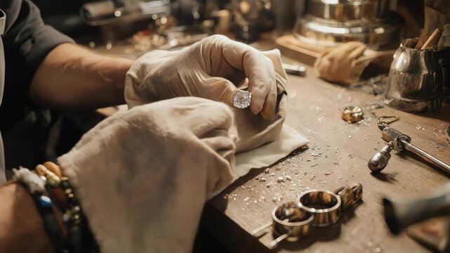 Jeweler crafting jewelry in workshop setting.