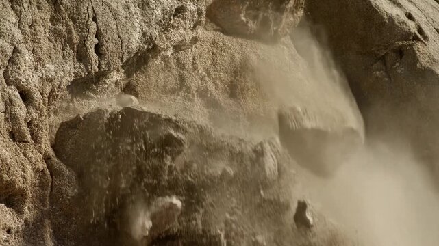 Rocky cliff erosion: crumbling sandstone collapse in motion