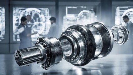Engineers examine a complex mechanical component, highlighting precision engineering and technological advancement.
