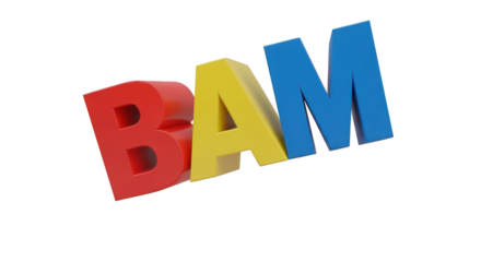 Colorful 3d letters spelling bam, an onomatopoeia for impact or surprise, isolated on transparent background