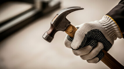Worker hand holding claw hammer tool for construction